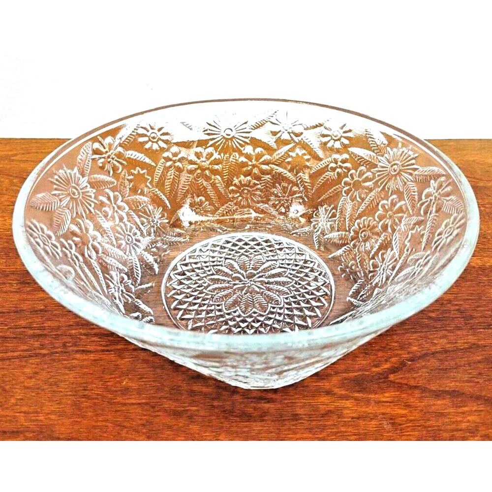 Vintage Indiana Glass PINEAPPLE & Floral Clear Salad Bowl 7½” Straight Rim 618